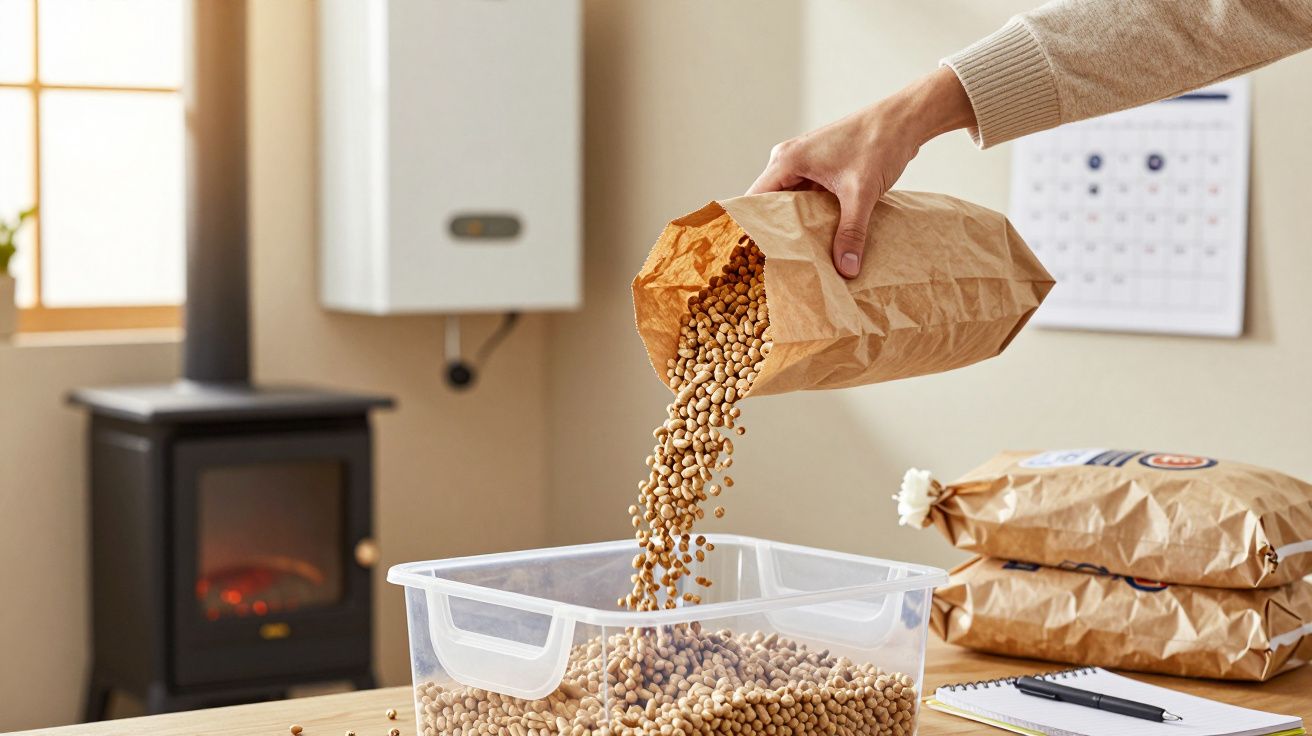 Hand füllt durchsichtigen Behälter mit Holzpellets aus brauner Papiertüte. Im Hintergrund ein Ofen und Kalender.