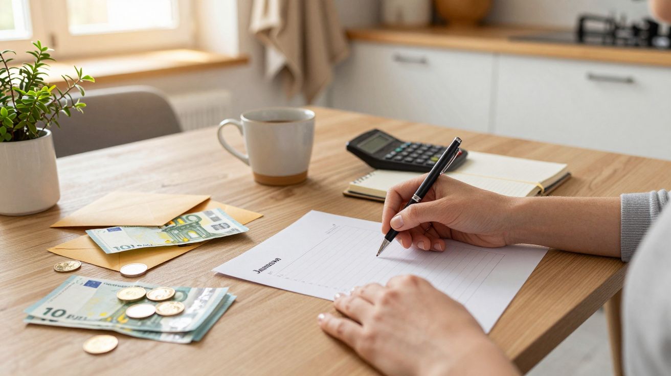 Person schreibt Budgetliste, umgeben von Eurobanknoten, Münzen, Kuvert, Notizbuch, Taschenrechner und Kaffeetasse.
