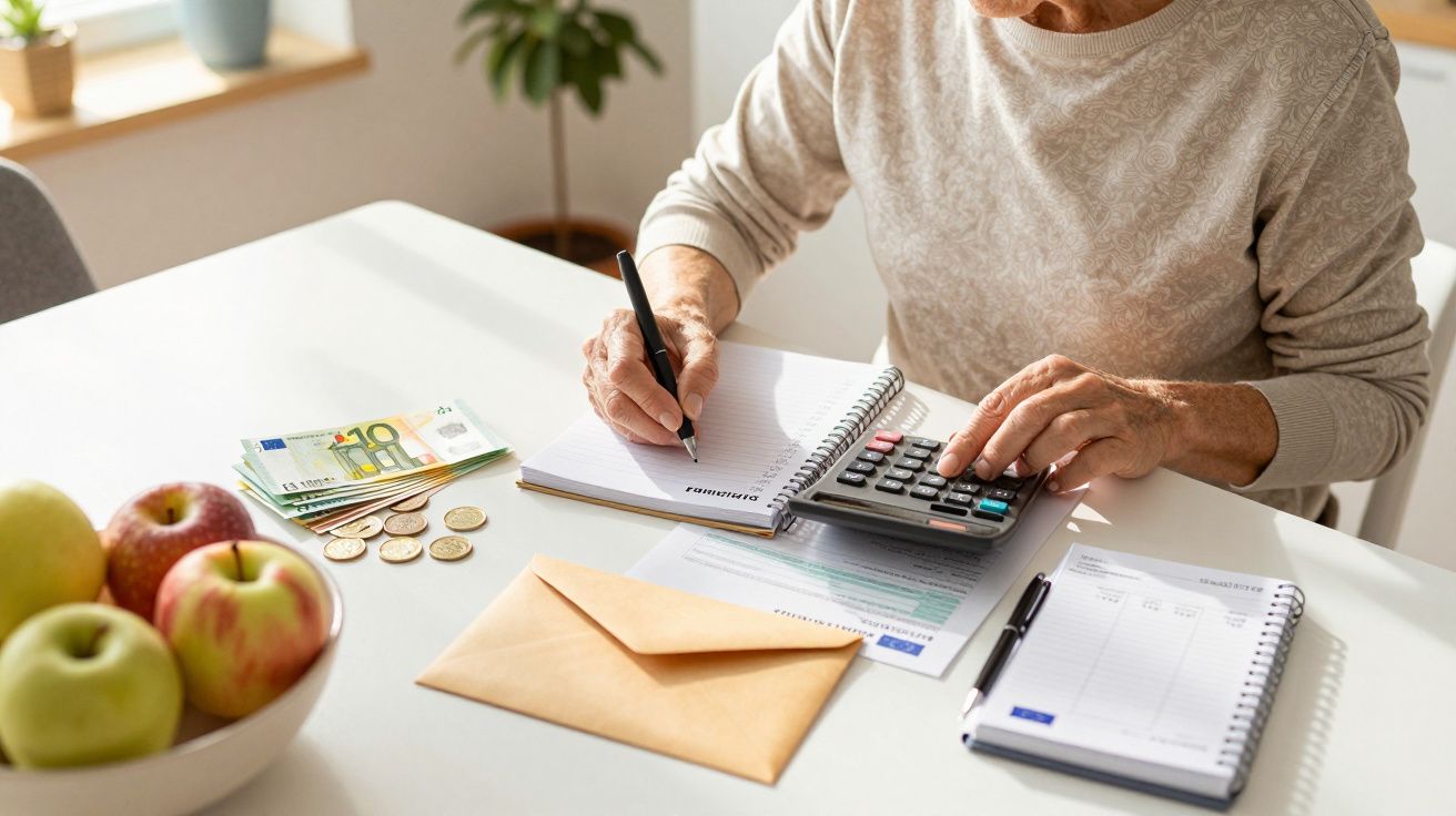 Ältere Person rechnet am Tisch mit Taschenrechner, Geld und Notizbuch, daneben ein Kuvert und Obst.