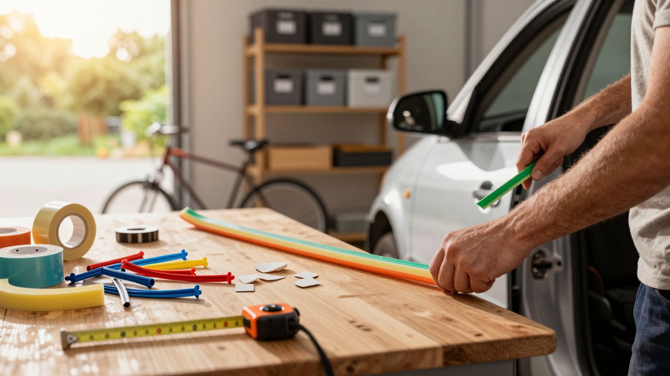 Mann arbeitet in einer Garage, schneidet farbiges Band auf einem Holztisch neben einem Auto, Werkzeug liegt bereit.