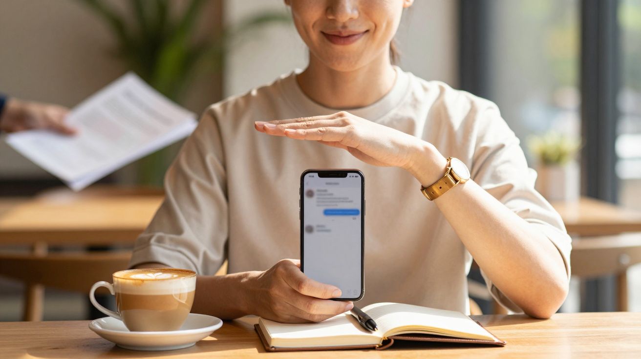 Frau zeigt ein Smartphone in einem Café, ein Notizbuch und ein Cappuccino vor ihr auf dem Tisch.