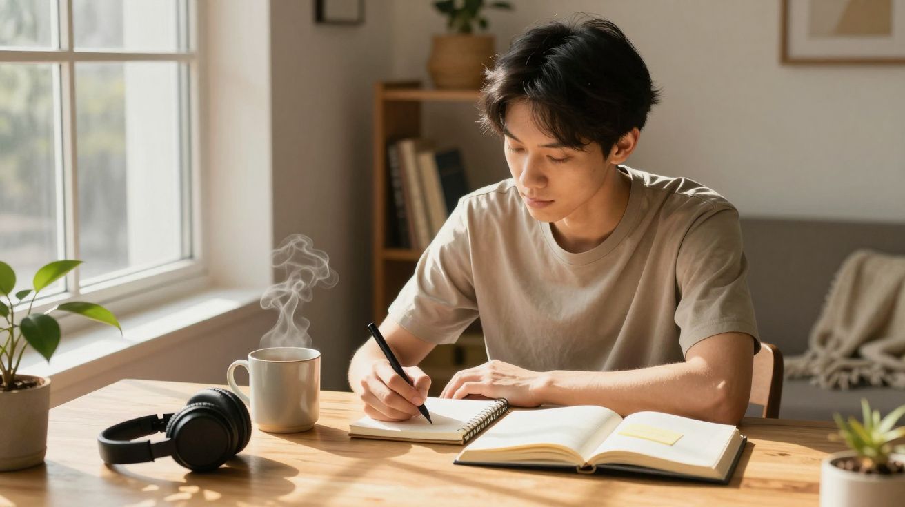Mann schreibt in Notizbuch am Tisch bei Tageslicht, mit Kaffeetasse und Kopfhörer.