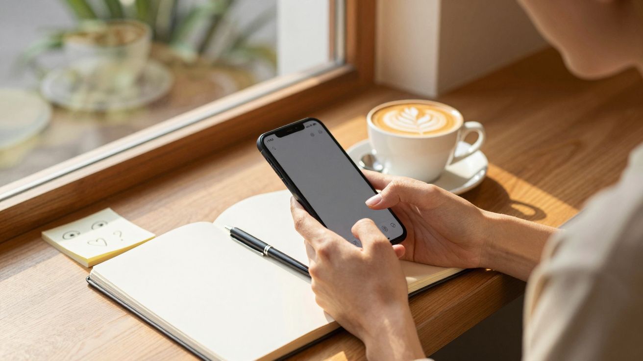 Person hält Smartphone neben Notizbuch und Cappuccino auf Holztisch am Fenster.