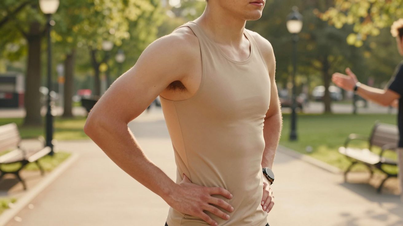 Person in beige Sporthemd auf Parkweg, Hände in Hüften, umgeben von Bäumen und Bänken, im Freien.