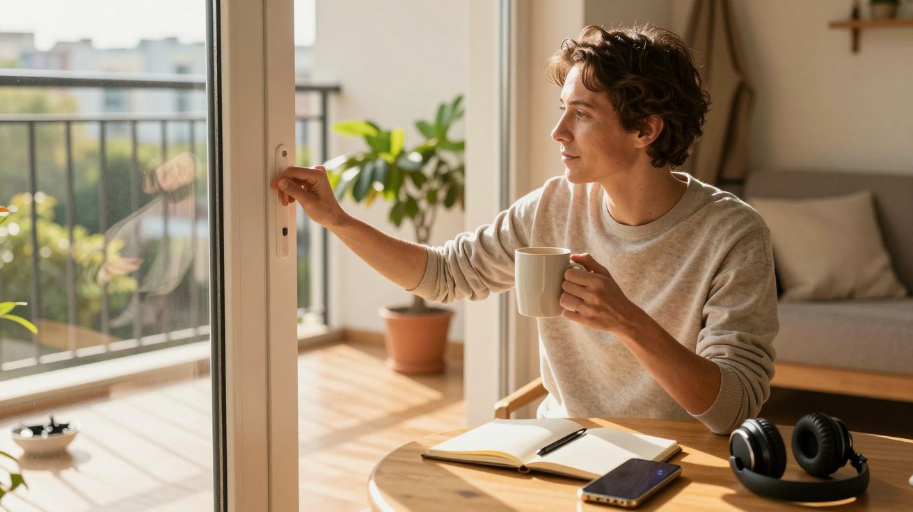 Person am Tisch mit Tasse, schaut aus dem Fenster. Offenem Notizbuch, Kopfhörer und Handy liegen auf dem Tisch.