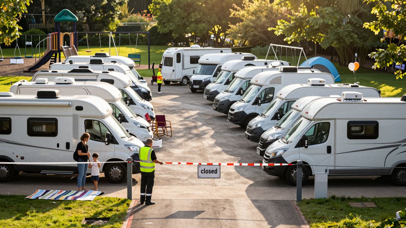 Wohnmobile auf geschlossener Parkanlage, Absperrung mit "closed"-Schild, Person mit Kind und Sicherheitsdienst anwesend.