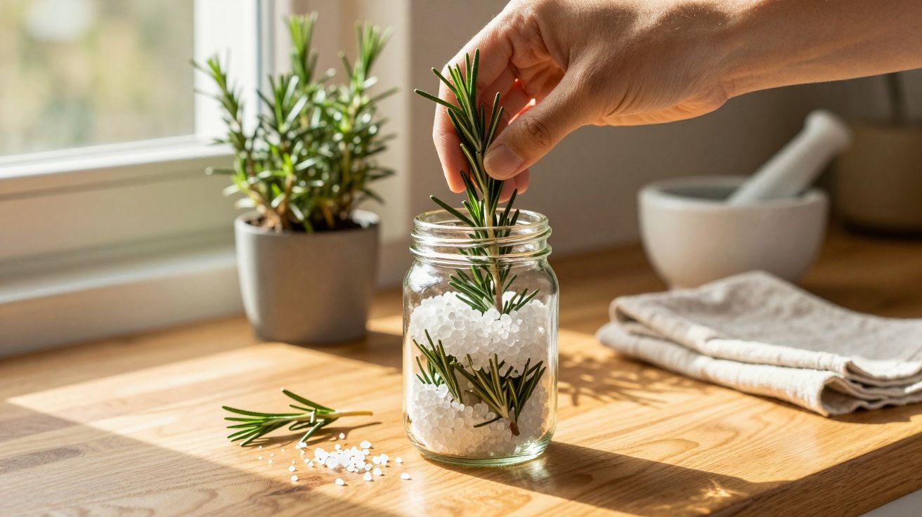 Hand legt Rosmarinzweig in ein Glas mit grobem Salz auf einem Holztisch, im Hintergrund steht ein Rosmarintopf.