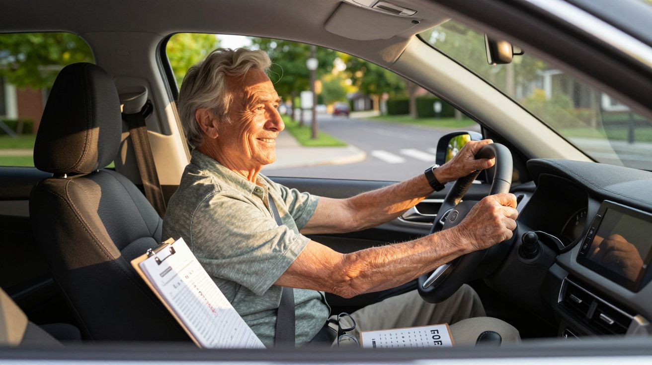 Älterer Mann fährt tagsüber lächelnd in einem Auto, mit Klemmbrett und Augentestkarte auf dem Beifahrersitz.