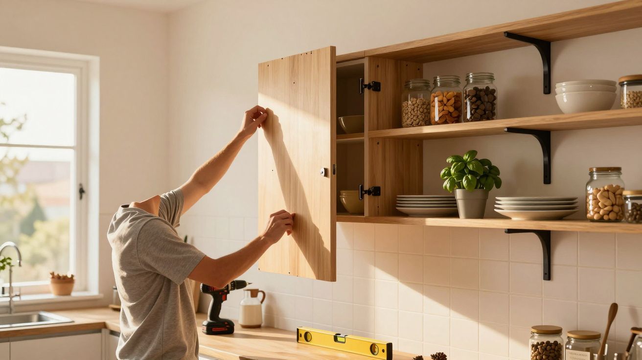 Person montiert einen Küchenschrank. Im Hintergrund Regale mit Gewürzgläsern und Pflanze. Helles Tageslicht.