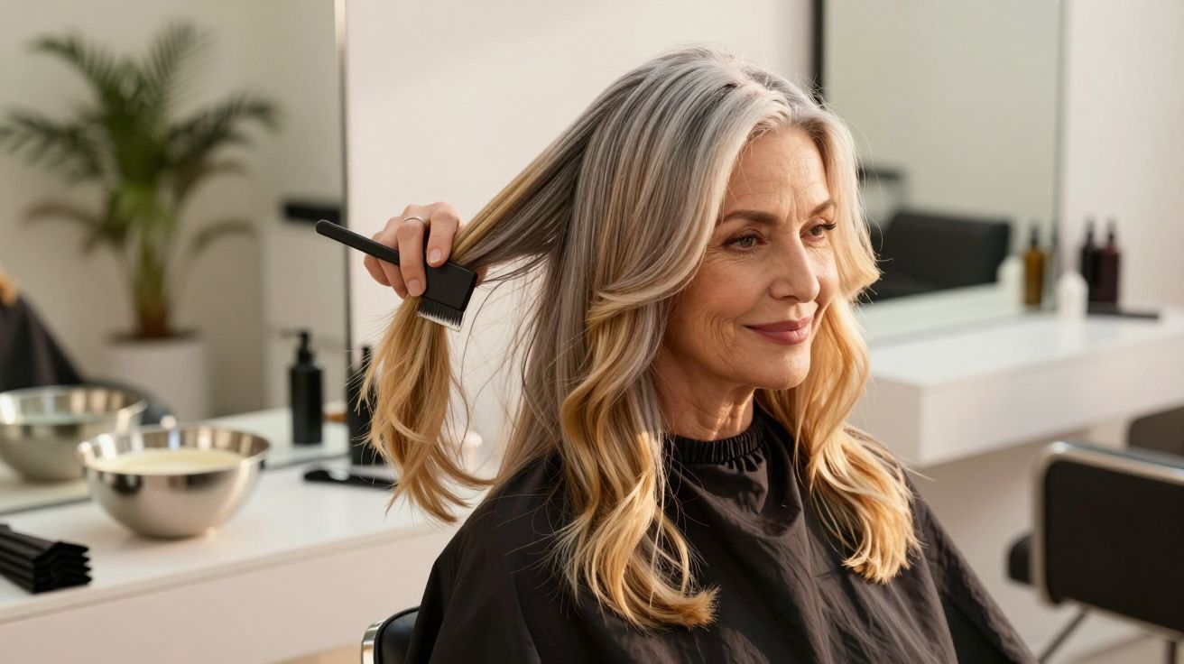 Ältere Frau im Friseursalon, sitzt auf Stuhl, lächelt, während Stylist ihr blond-graues Haar mit Bürste hält.