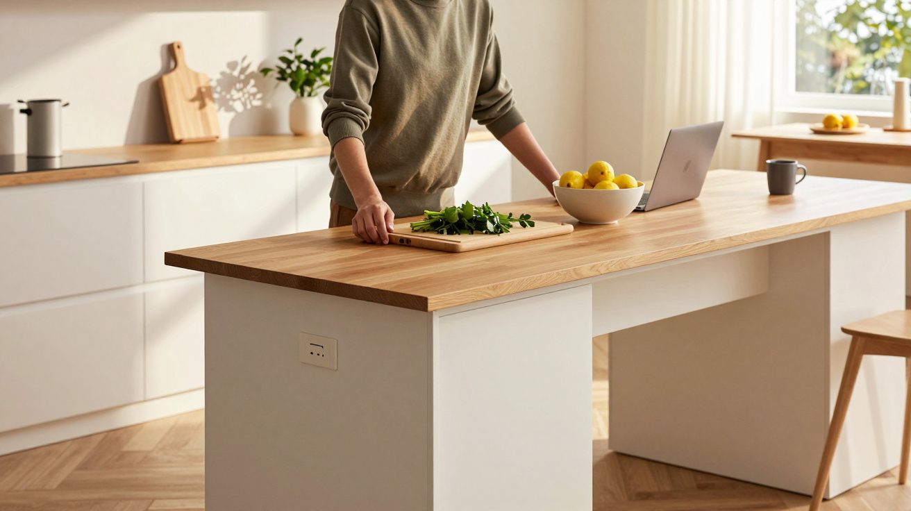 Person schneidet Gemüse auf Holztisch in moderner Küche mit Laptop und Zitronenschale im Hintergrund.