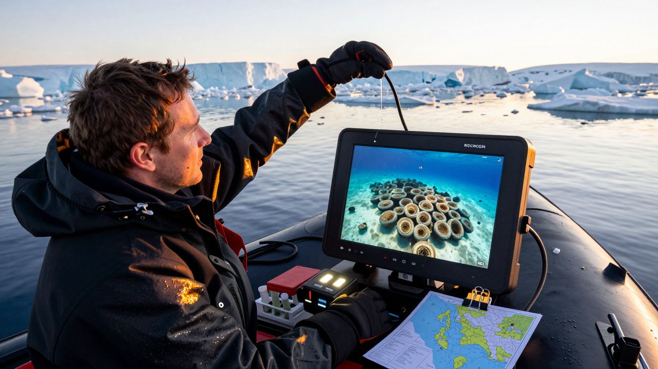 Forscher betrachtet Unterwasserbild auf Monitor in Eislandschaft.