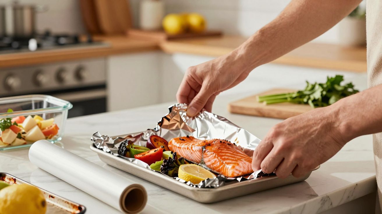 Person legt Lachsfilet auf Gemüsebett in Alufolie in moderner Küche, mit frischen Zutaten wie Zitronen und Salat.