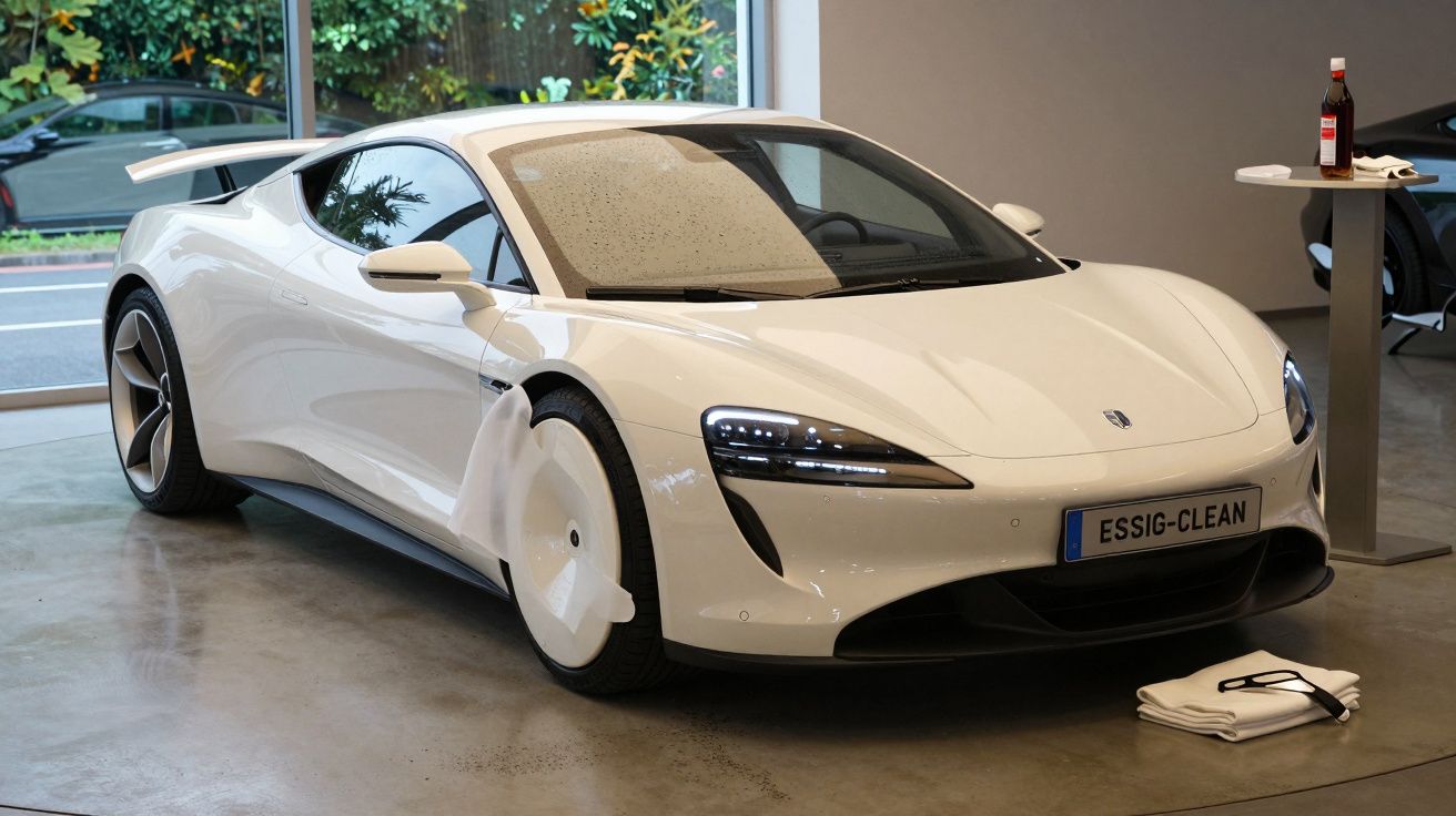 Weißer Sportwagen in einem Showroom mit polierten Oberflächen und Essigreiniger auf einem Tisch.