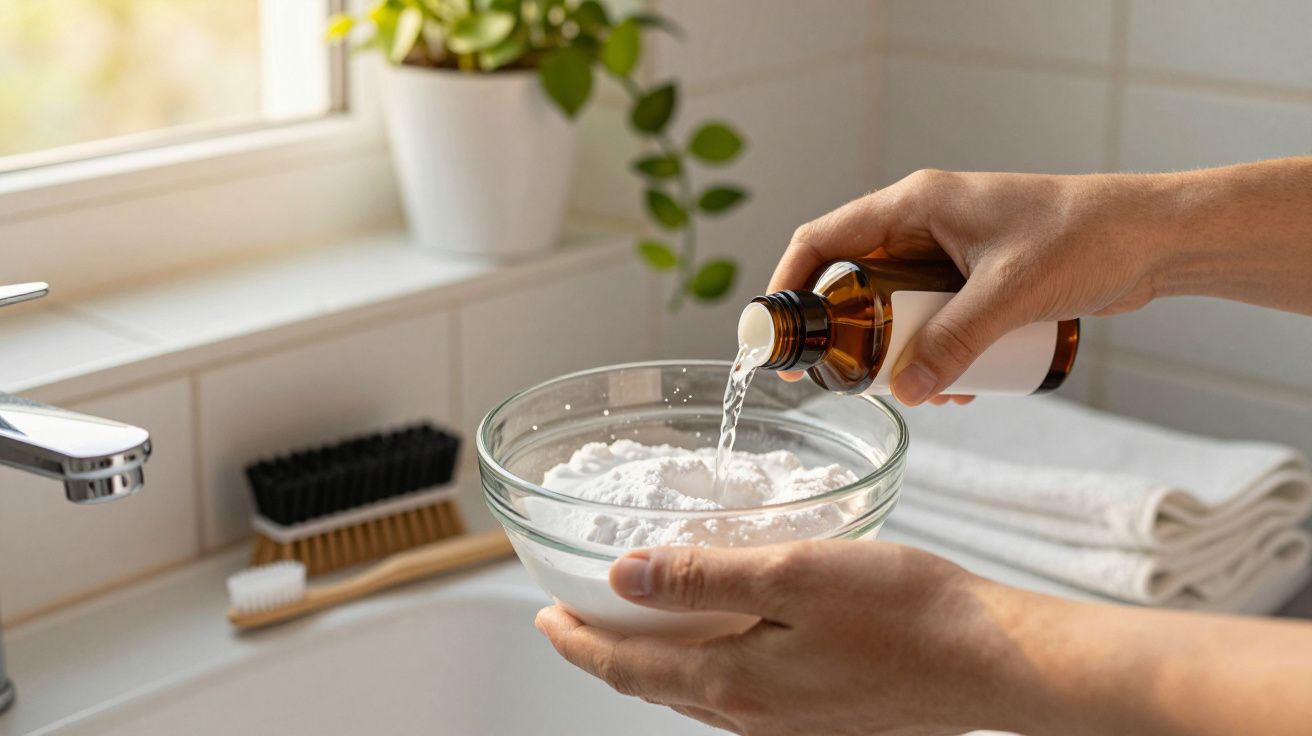 Hände mischen Flüssigkeit in Schüssel mit weißem Pulver im Badezimmer, Pflanzen und Handtücher im Hintergrund.