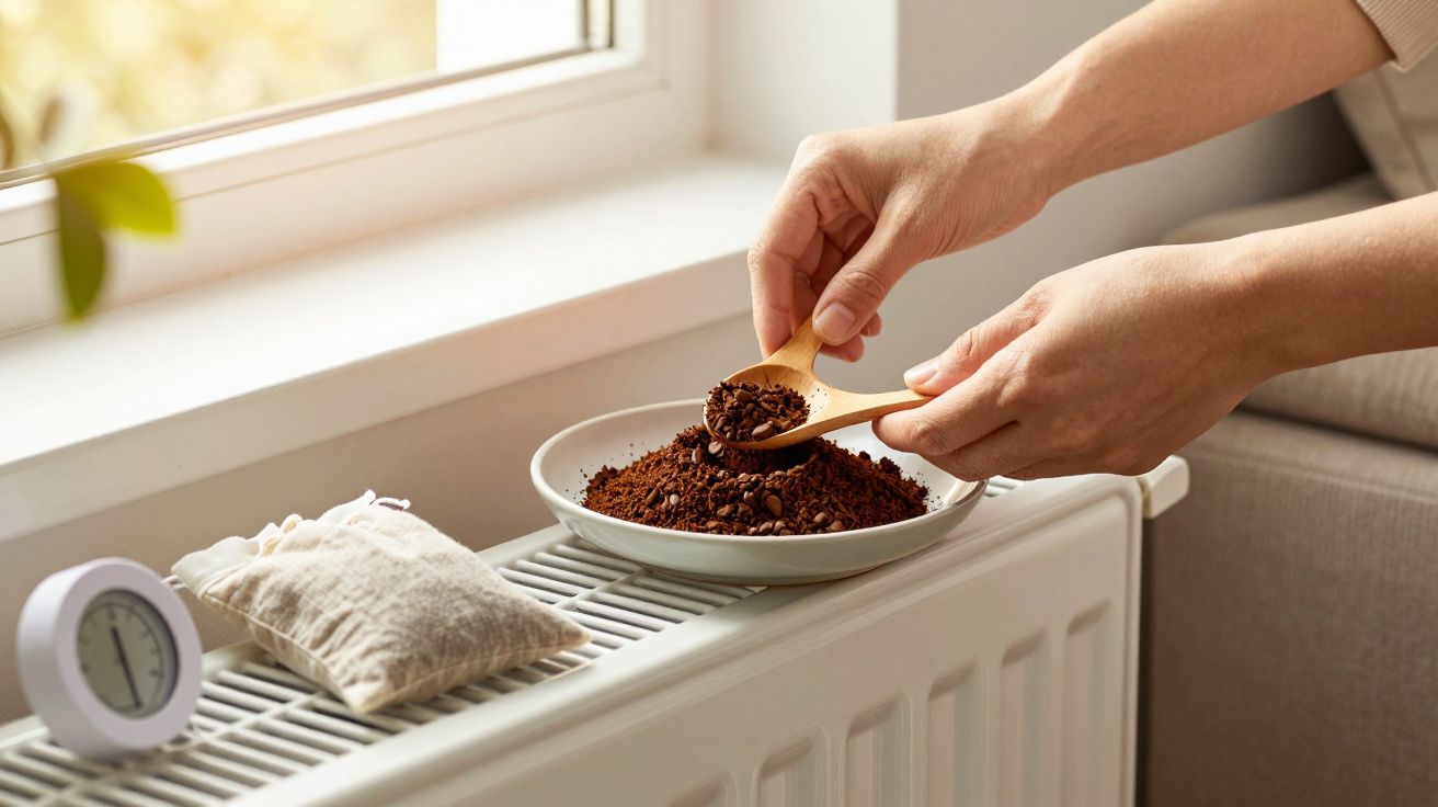 Hände füllen Kaffeepulver mit einem Holzlöffel in eine Schüssel auf der Heizung neben einem Thermometer.