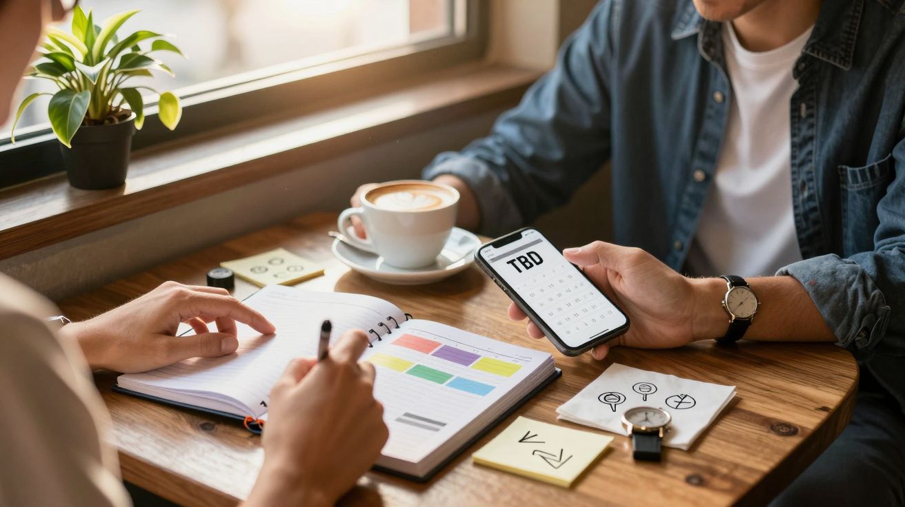 Zwei Personen arbeiten an einem Tisch im Café, mit Kaffee, Notizbuch, Stiften und einem Smartphone mit "TBD" auf dem Bildschi