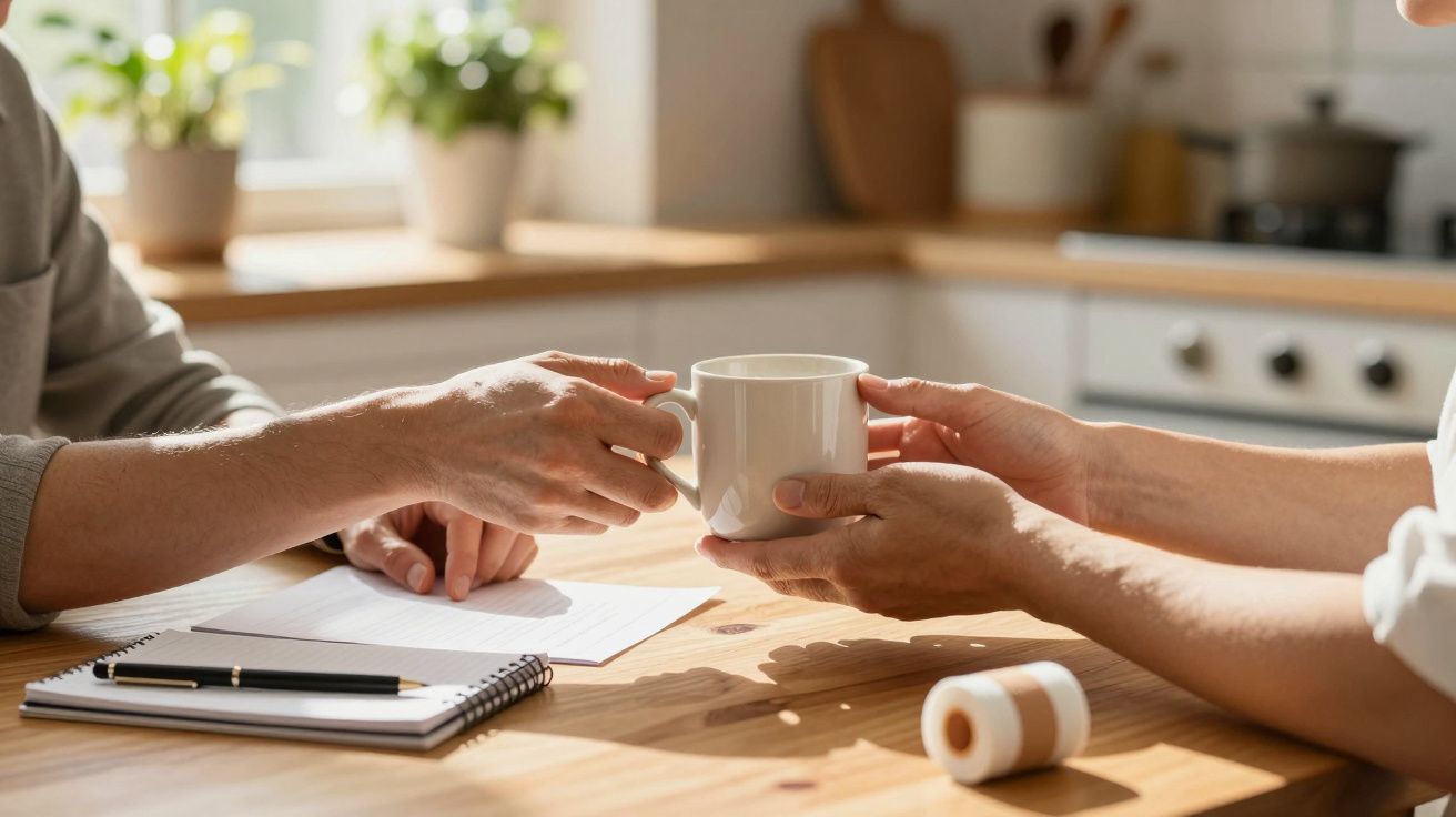 Zwei Personen tauschen eine Tasse über einem Tisch in einer hellen Küche aus, nebenunterliegt ein Notizbuch.