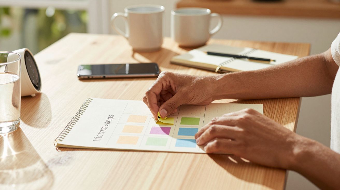 Person markiert farbige Quadrate in einem Notizbuch auf einem Schreibtisch. Im Hintergrund zwei Tassen und ein Smartphone.