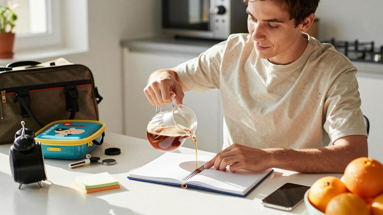 Ein junger Mann gießt Kaffee auf ein geöffnetes Notizbuch auf einem Tisch mit Handy, Brotdose und Orangen.