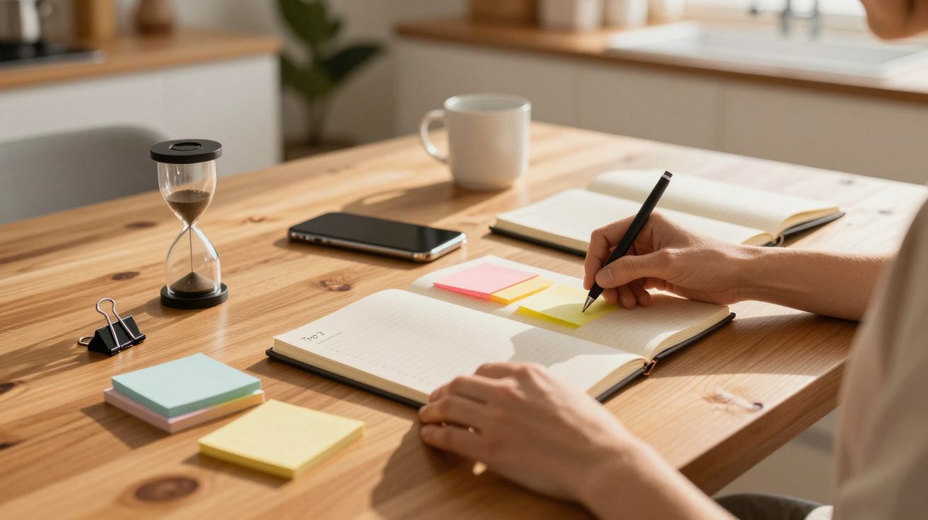 Person schreibt Notizen in ein Notizbuch auf einem Tisch mit Sanduhr, Handy, Tasse und bunten Haftnotizen.
