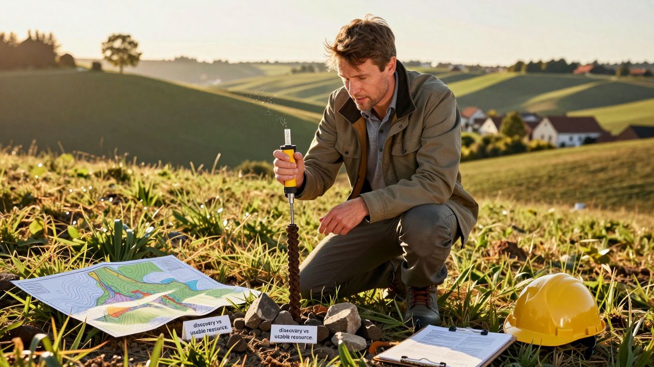 Mann untersucht Bodenproben auf einem Feld mit Karte und Schutzhelm im Vordergrund. Landschaft und Häuser im Hintergrund.