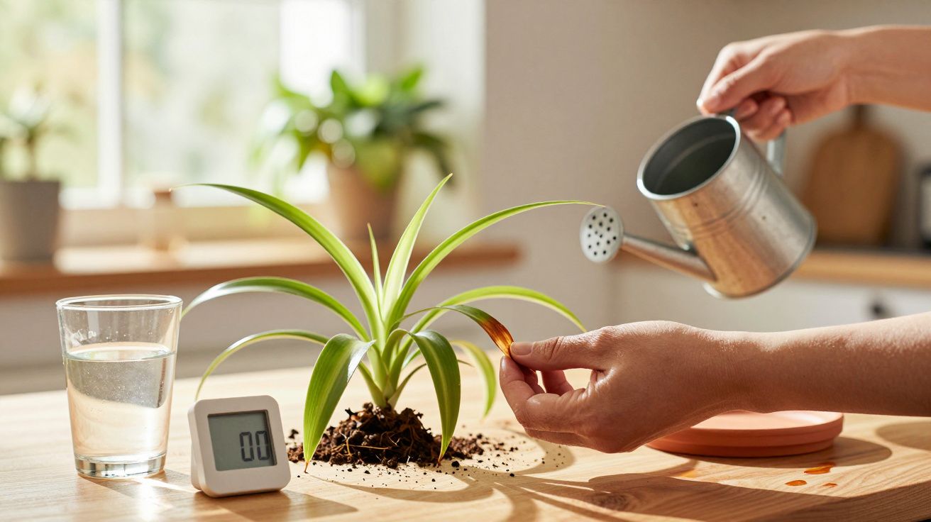 Eine Person gießt eine Zimmerpflanze auf einem Tisch neben einem Glas Wasser und einem digitalen Thermometer.