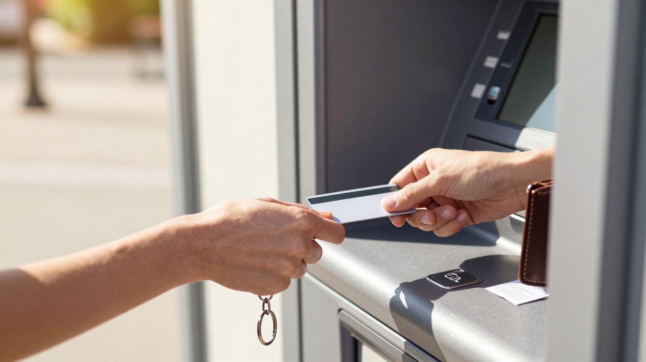 Zwei Hände mit Kreditkarte an einem Bankomaten im Freien, eine Hand übergibt die Karte der anderen.