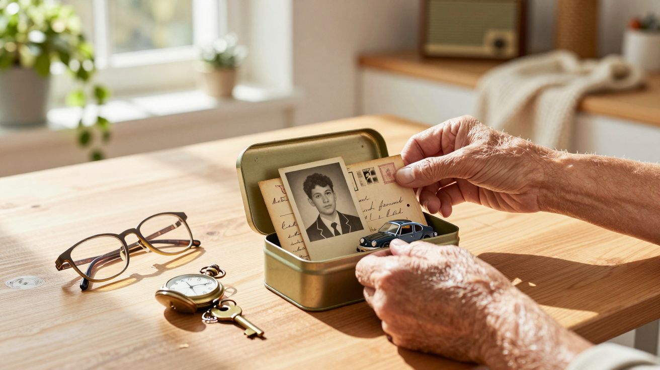 Ältere Person betrachtet alte Fotografien in einer Blechdose auf einem Tisch, neben Brille und Taschenuhr.