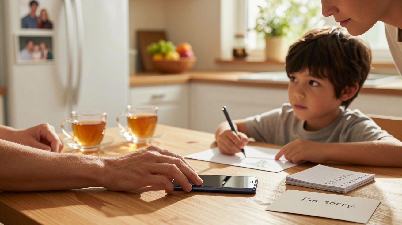 Kind am Küchentisch schreibt auf Papier, während Erwachsene mit Smartphone daneben sitzen. Zwei Tassen Tee im Hintergrund.