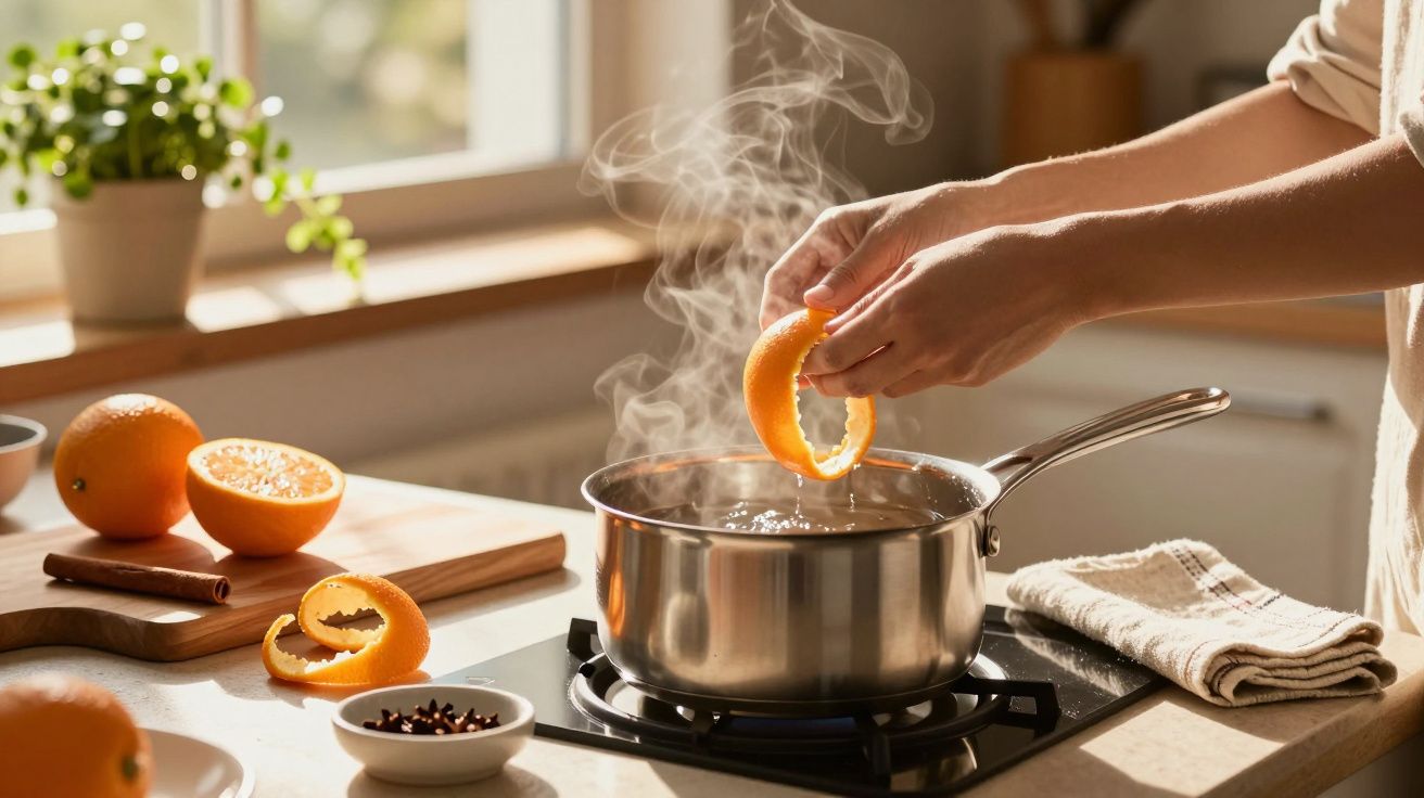 Person gibt Orangenschale in dampfenden Topf auf Herd. Weitere Orangen und Gewürze auf der Arbeitsplatte.