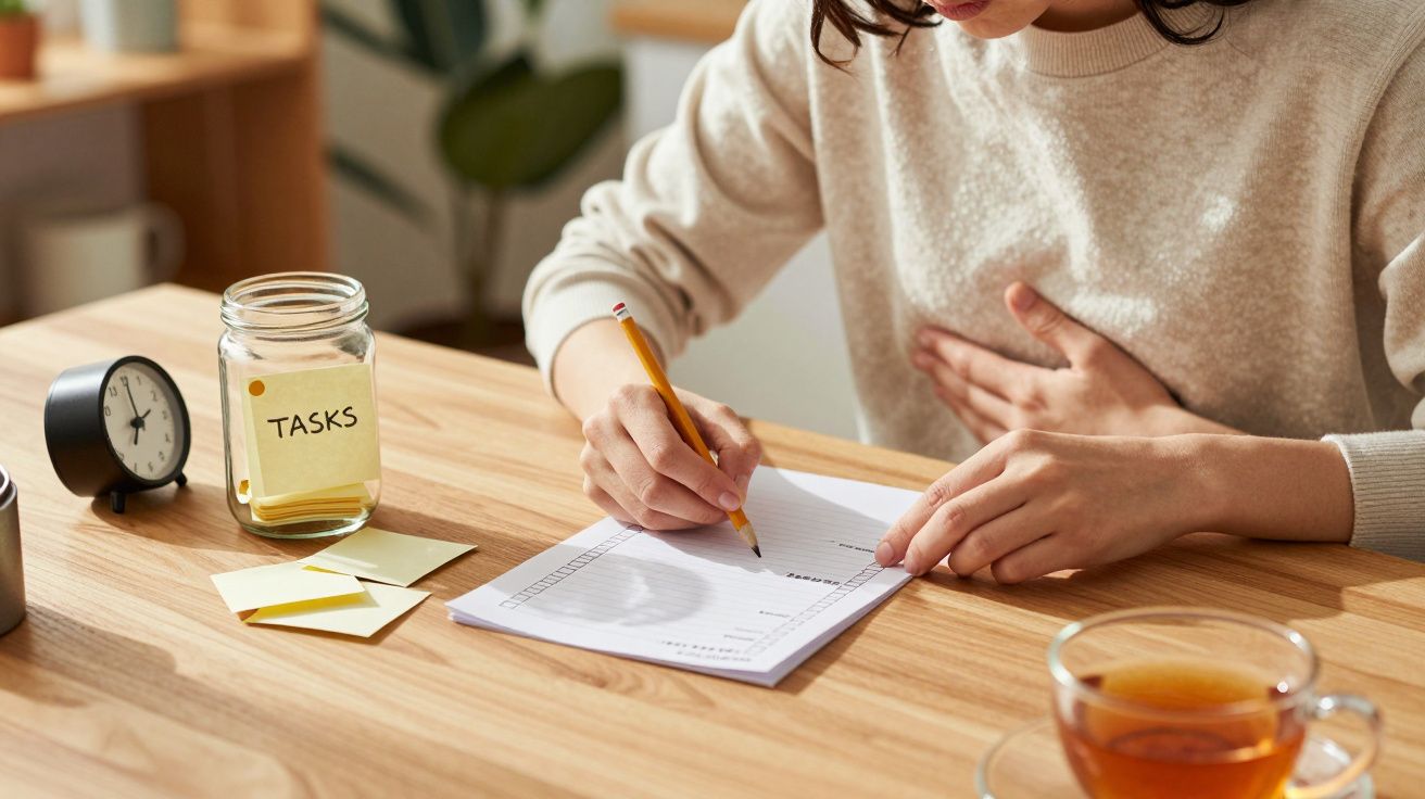 Person schreibt mit Bleistift eine Aufgabenliste an einem Tisch mit Tee, Task-Glas, Post-its und Uhr.