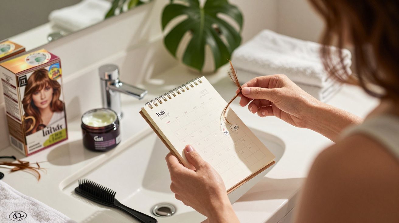 Person markiert Haarschnitt im Kalender, Haarpflegeset und Bürste neben Waschbecken.
