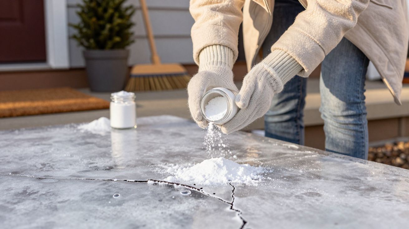 Person streut Salz auf vereisten Gehweg vor einem Haus.